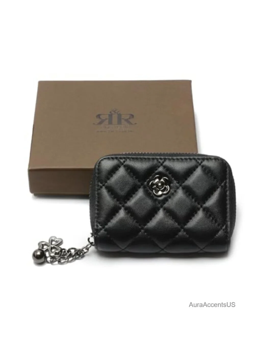 Quilted Leather Zipper Wallet with Detachable Chain Strap